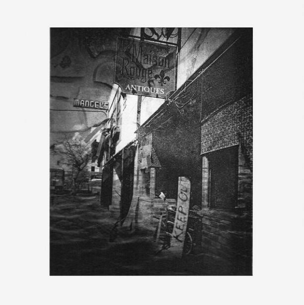 solar plate collage depicting a damaged storefront with sign, "keep out"